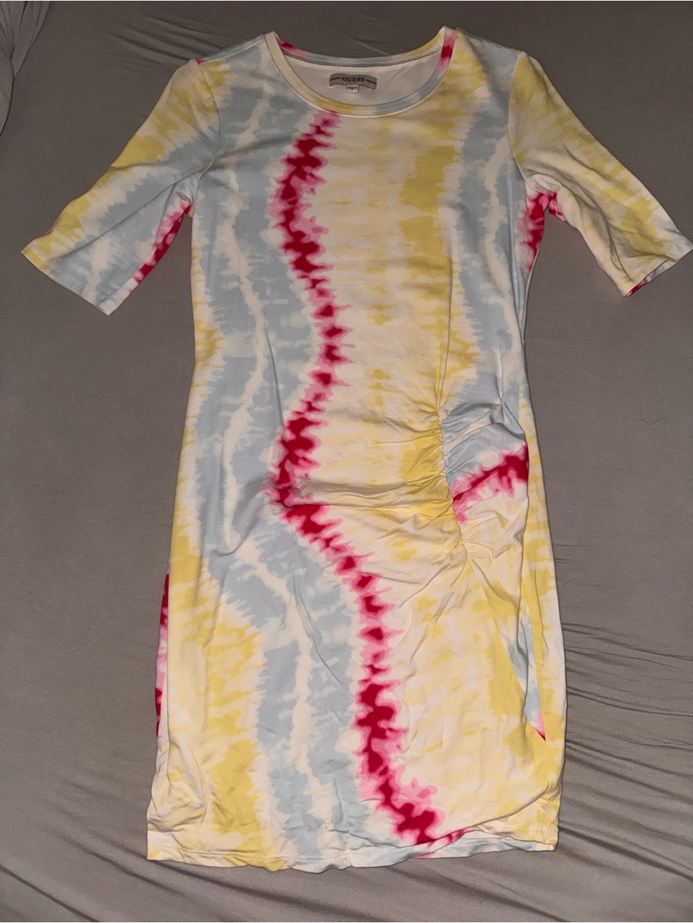 NWOT Guess Tie-Dye Midi Dress in Yellow, Pink & Light Blue